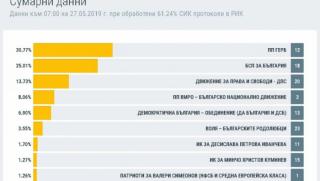 61,24% преброени гласове: ГЕРБ - 30,77%, БСП - 25,01%, ДПС - 13,73%, ВМРО - 8,06%, ДБ - 6,9%